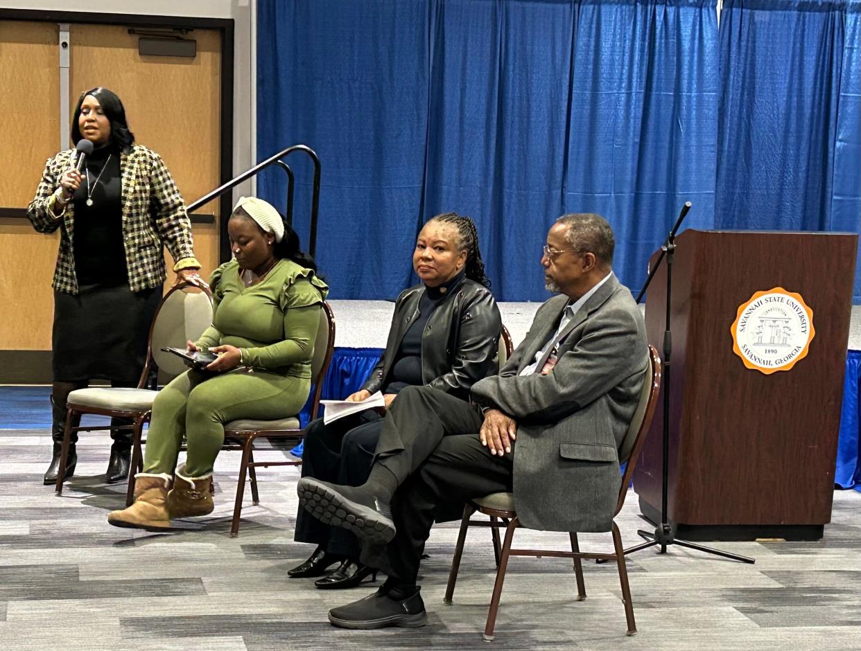 Savannah State leaders (from right) Interim Provost Richard Miller, Interim President Cynthia Robinson Alexander, Student Government Association president Mykiah Williams and Dean of Students, Bonita Bradley led a tense student forum on Wednesday Feb. 21, 2024.