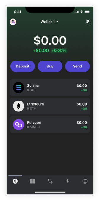 An image of the Phantom crypto wallet application with Solana, Ethereum and Polygon