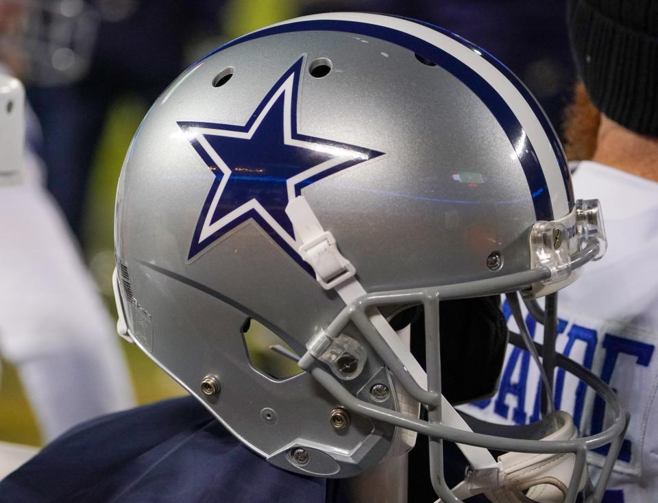 A general view of a Dallas Cowboys helmet against the Kansas City Chiefs during the second half at GEHA Field at Arrowhead Stadium.