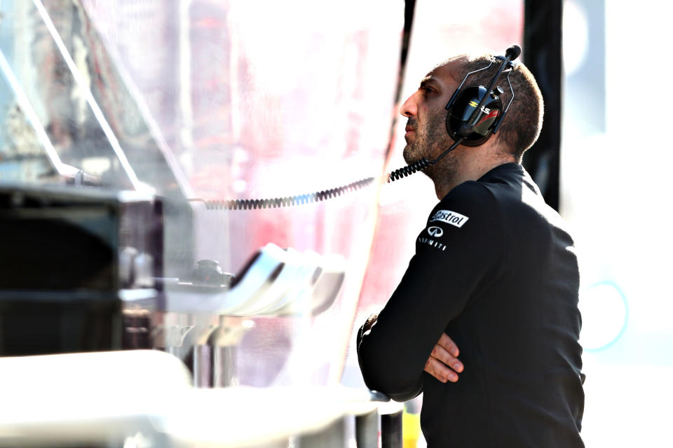 MONTMELO, SPAIN - FEBRUARY 18: Renault Sport F1 Managing Director Cyril Abiteboul looks on from the pitwall during day one of F1 Winter Testing at Circuit de Catalunya on February 18, 2019 in Montmelo, Spain. (Photo by Dan Istitene/Getty Images)