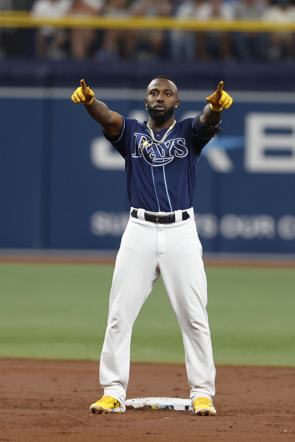 Tampa Bay Rays' Randy Arozarena reacts after hitting a double against the New York Yankees during the third inning of a baseball game Saturday, Aug. 26, 2023 in St. Petersburg, Fla. (AP Photo/Scott Audette)