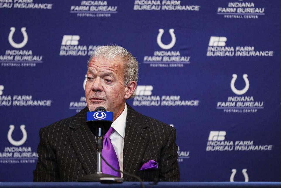 Owner of the Indianapolis Colts, Jim Irsay, holds a press conference at the Indiana Farm Bureau Football Center, Indianapolis, Sunday, Feb. 23, 2020.