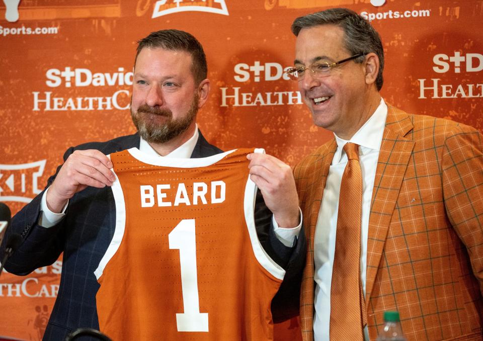 Texas Athletics Director Chris Del Conte introduces new men's basketball coach at his introductory press conference Friday, April, 2, 2021.