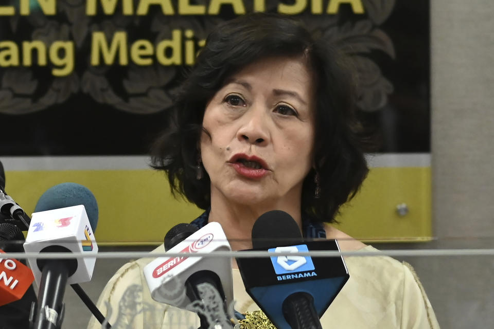 FILE - U.N. Secretary-General's Special Envoy on Myanmar Noeleen Heyzer attends a press conference at the Parliament House in Kuala Lumpur, Tuesday, July 26, 2022. Heyzer arrived in Myanmar Tuesday, Aug. 16, 2022, on her first mission to Myanmar since her appointment last year, making her visit in the wake of a recent call by the world body's Security Council for an immediate end to all forms of violence and unimpeded humanitarian access in the strife-torn country. (Malaysia's Department of Information via AP, File)