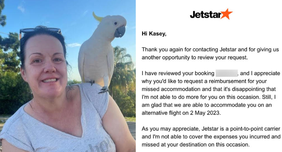 Left, Kasey smiles with a cockatoo on her shoulder. Right, the email response she received from Jetstar.