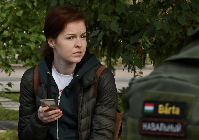 FILE PHOTO: Kira Yarmysh, spokeswoman of Russian opposition leader Alexei Navalny, waits outside a hospital in Omsk