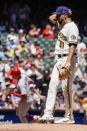 Milwaukee Brewers' Jason Alexander reacts after giving up a home run to St. Louis Cardinals Lars Nootbaar during the fifth inning of a baseball game against Thursday, June 23, 2022, in Milwaukee. (AP Photo/Morry Gash)