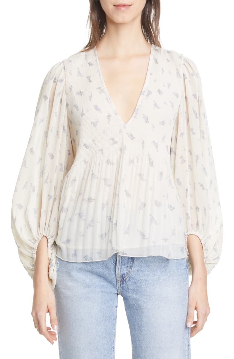 Ganni Floral Print Balloon Sleeve Pleated Georgette Blouse in egret