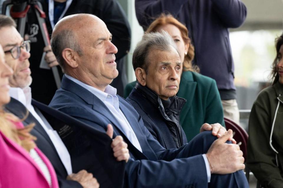 Oakland Athletics owner John Fisher sits next to Sacramento River Cats owner Vivek Ranadivé on Thursday, April 4, 2024, after announcing that the A’s will relocate to West Sacramento in 2025 and play at least three seasons at Sutter Health Park before moving to Las Vegas.
