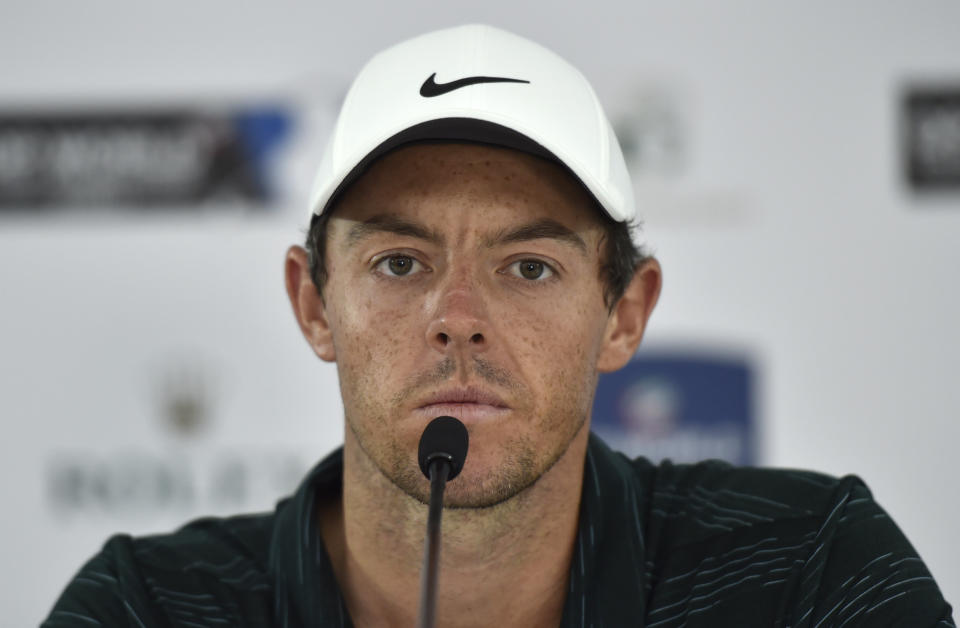 Rory McIlroy of Northern Ireland gives a press conference two days ahead of the DP World Tour Championship golf tournament in Dubai, United Arab Emirates, Tuesday, Nov. 13, 2018. McIlroy said on Tuesday that he intends to play only two full-field European Tour events in the first half of 2019 because of changes in the tournament schedule. (AP Photo/Kamran Jebreili)