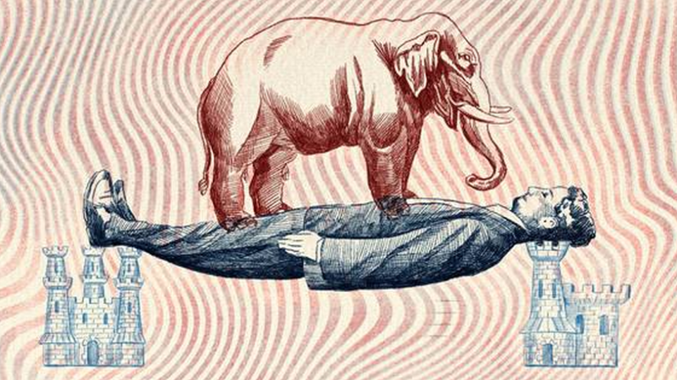 Ilustração de um elefante, um homem deitado e duas torres