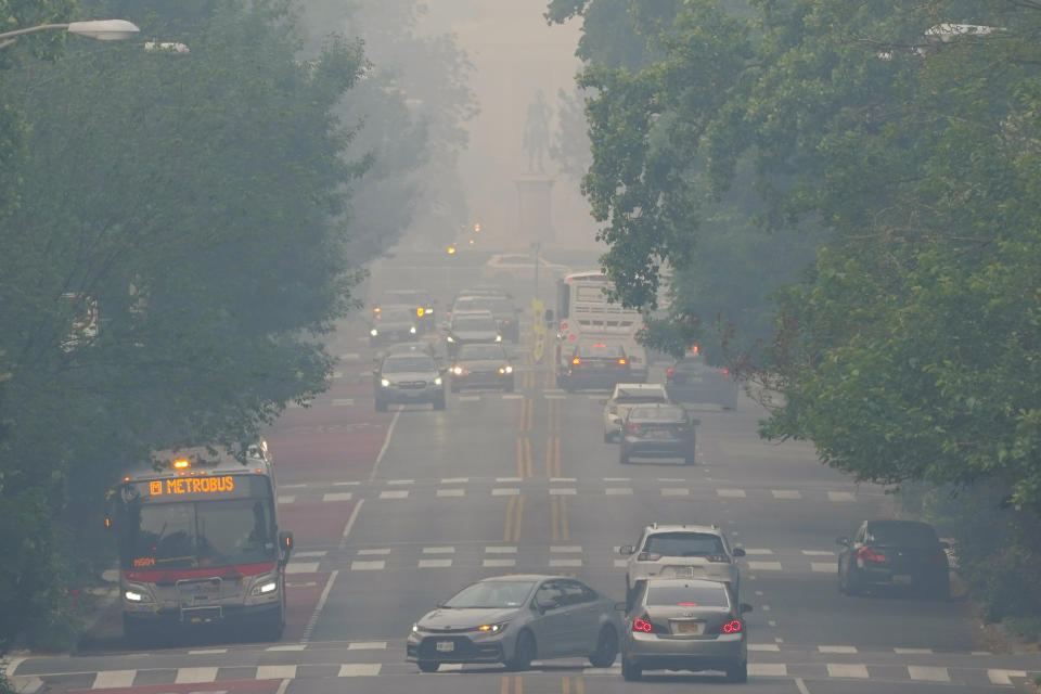 <p>The White House is hidden behind a layer of hazy smoke, Thursday, June 8, 2023, in Washington. Smoke from Canadian wildfires is pouring into the U.S. East Coast and Midwest and covering the capitals of both nations in an unhealthy haze. (AP Photo/Pablo Martinez Monsivais)</p> 