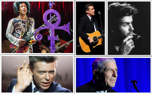 clockwise: Prince, Glenn Frey, George Michael, David Bowie, Leonard Cohen