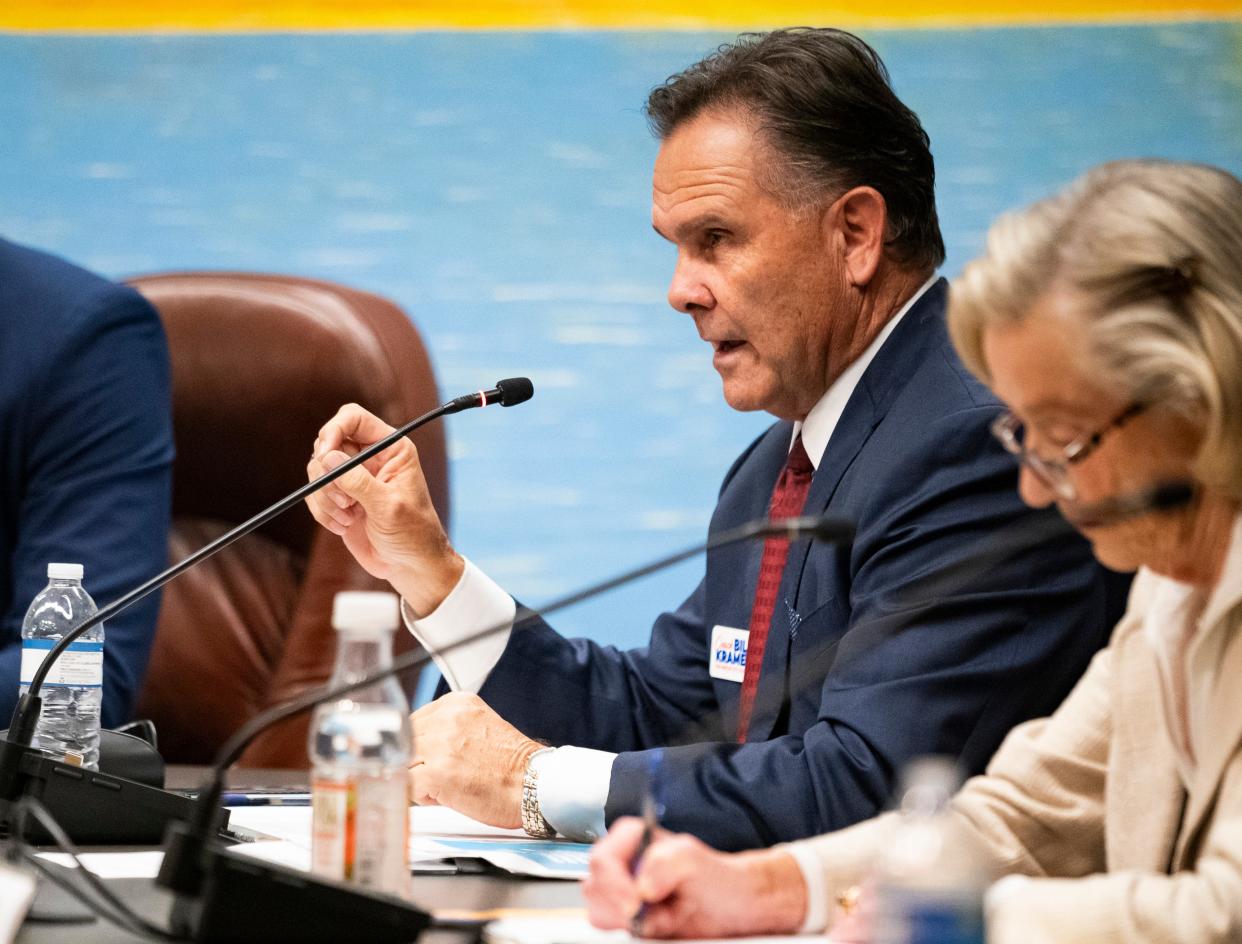 Bill Kramer answers a question during a candidate forum for the mayoral and city council elections at Naples City Hall chambers in Naples on Thursday, Feb. 1, 2024.