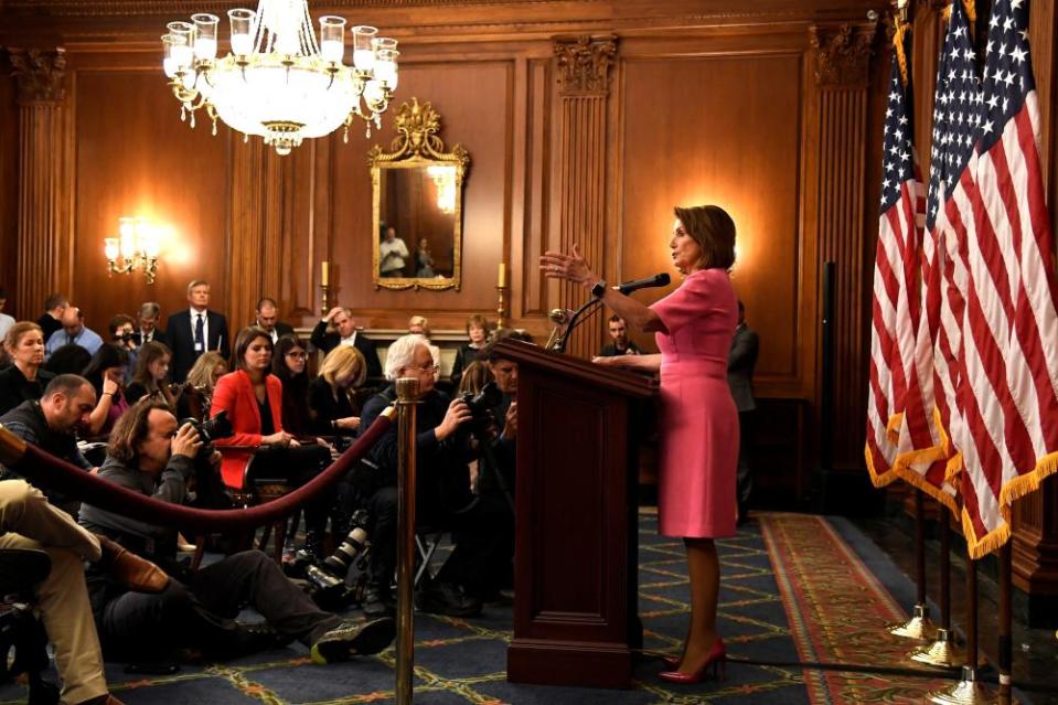 Nancy Pelosi makes remarks a day after the midterm elections.