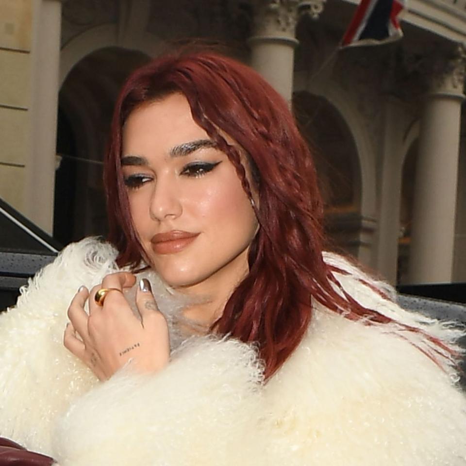 Dua Lipa matches her cherry cola hair to her handbag and it's iconic