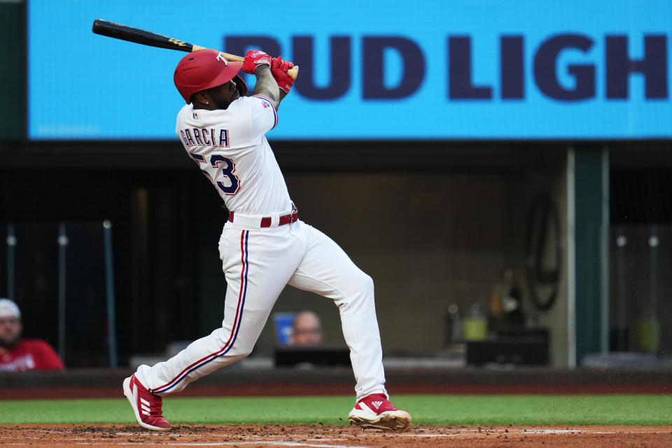 Adolis García繳出4支4、1打點猛打賞，幫助遊騎兵收下5連勝。(Photo by Cooper Neill/MLB Photos via Getty Images)