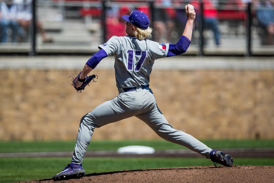 Kole Klecker (17), shown in a game last year in Lubbock, struck out three batters in the ninth inning Saturday in TCU's 4-2 victory over Texas Tech in Fort Worth. It was the first save for Klecker, a sophomore righthander.