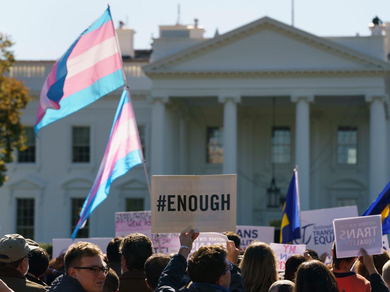 The National Center for Transgender Equality (NCTE) and the Human Rights Campaign gather on Pennsylvania Avenue in front of the White House in Washington, Monday, Oct. 22, 2018, for a #WontBeErased rally. Anatomy at birth may prompt a check in the "male" or "female" box on the birth certificate, but to doctors and scientists, sex and gender aren't always the same thing.
