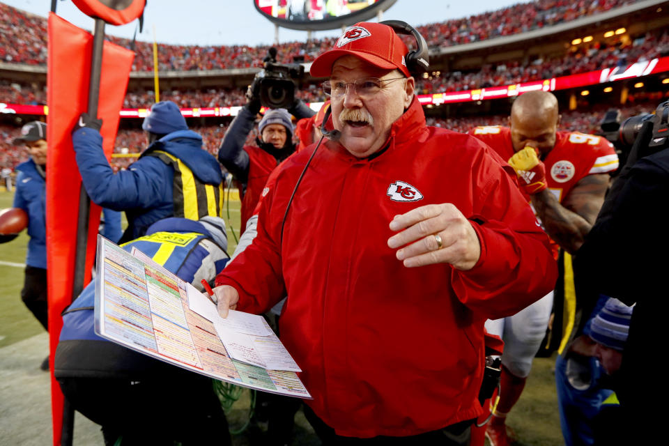 Kansas City Chiefs head coach Andy Reid celebrates after the NFL AFC Championship football game against the Tennessee Titans Sunday, Jan. 19, 2020, in Kansas City, MO. The Chiefs won 35-24 to advance to Super Bowl 54. (AP Photo/Charlie Neibergall)