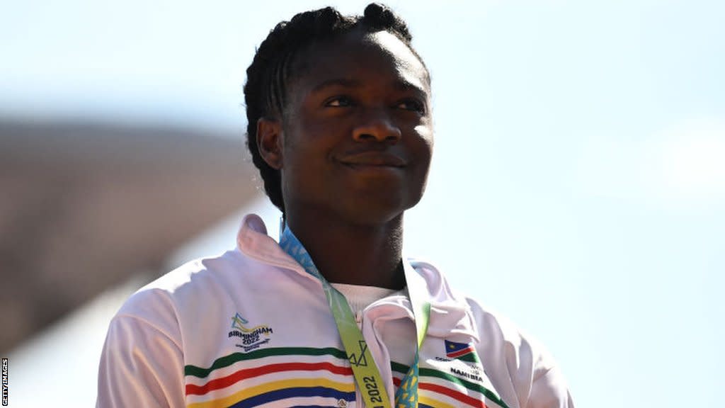 Christine Mboma receives her silver medal at the 2022 Commonwealth Games