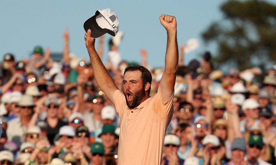 <span>Scottie Scheffler celebrates on the 18th green after winning the Masters. </span><span>Photograph: Mike Segar/Reuters</span>