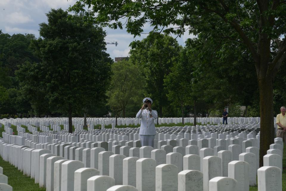 The remains of Frank Hryniewicz are laid to rest at Arlington National Cemetery on May 16, 2024 in Arlington, Va. Hryniewicz, 20, was aboard the USS Oklahoma when Japan attacked Pearl Harbor on Dec. 7, 1941.