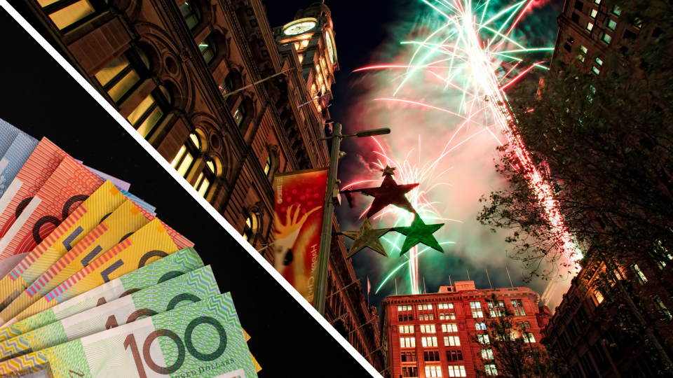 Pictured: Australian cash and Christmas Eve fireworks. Images: Getty