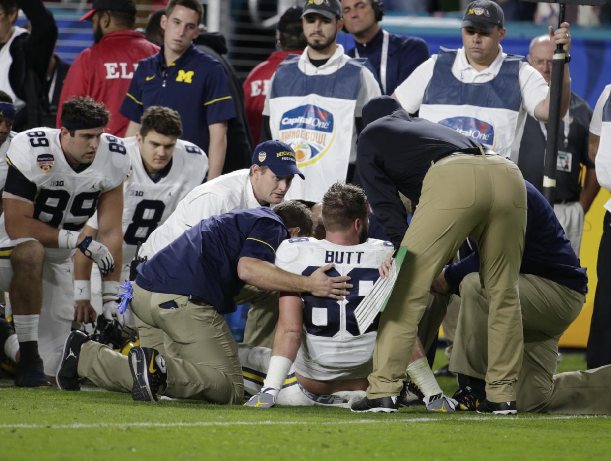 Michigan tight end Jake Butt suffered a knee injury in the Orange Bowl. (AP Photo/Lynne Sladky)