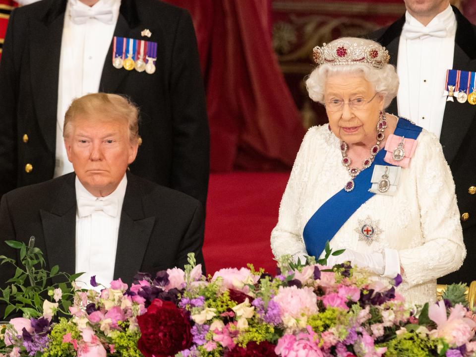 Queen Elizabeth with Donald Trump during a State Banquet at Buckingham Palace in 2019.