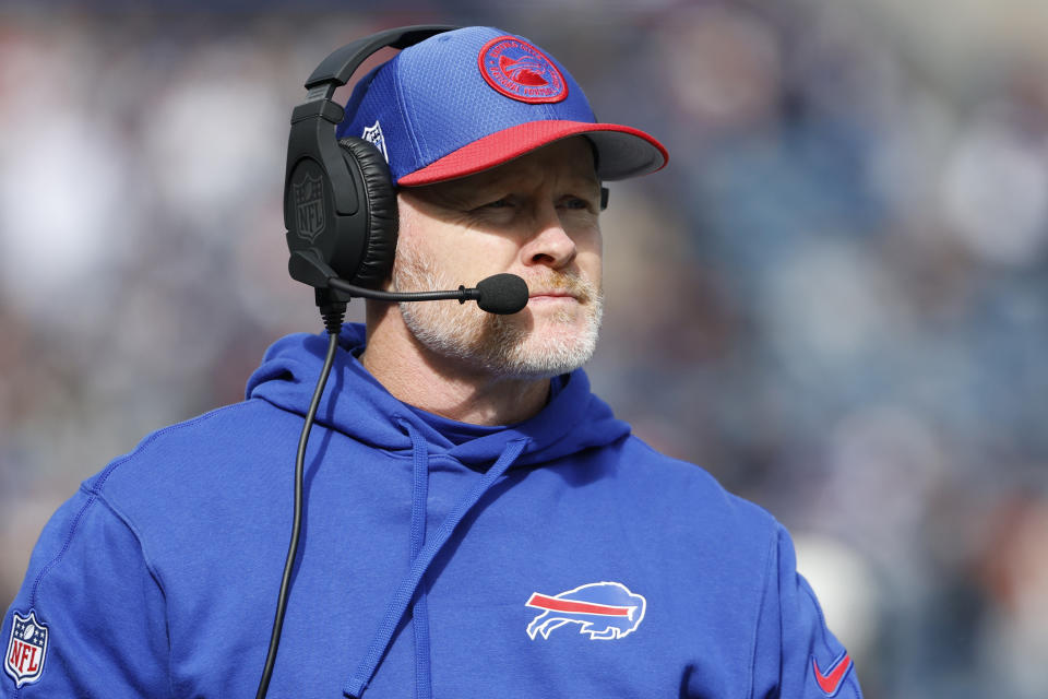 Buffalo Bills head coach Sean McDermott watches his team during the first half of an NFL football game against the New England Patriots, Sunday, Oct. 22, 2023, in Foxborough, Mass. (AP Photo/Winslow Townson)