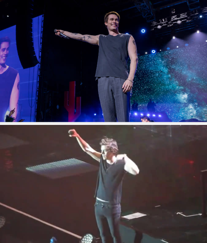 Hayes onstage with his arm outstretched in a scene from "The Idea of You" vs. Harry Styles onstage