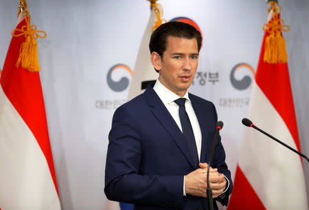 FILE PHOTO: Austrian Chancellor Sebastian Kurz speaks at a news conference in Seoul, South Korea, February 14, 2019. REUTERS/Kim Hong-Ji/Pool/File Photo