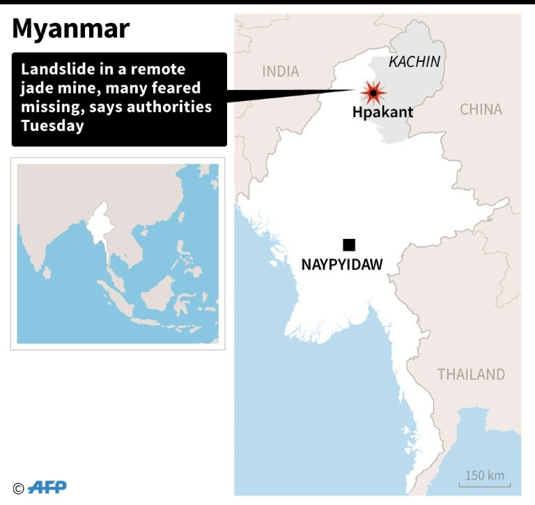 Map of Myanmar locating a deadly landslide in Hpakant, Kachin state