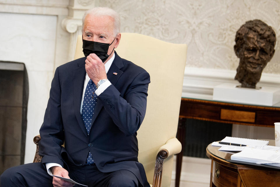 President Biden waits for a meeting with the Congressional Hispanic Caucus in the Oval Office of the White House April 20, 2021. / Credit: BRENDAN SMIALOWSKI/AFP via Getty Images