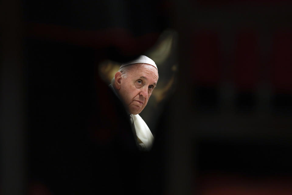 FILE - This Sept. 15, 2018 file photo shows Pope Francis at the Cathedral in Palermo, Italy. Francis' role in Argentina's most famous case of priestly sex abuse is coming under renewed scrutiny as he faces the greatest crisis of his papacy over the Catholic Church's troubled legacy of abuse and cover-up and allegations he himself sided with the accused. (AP Photo/Andrew Medichini, File)