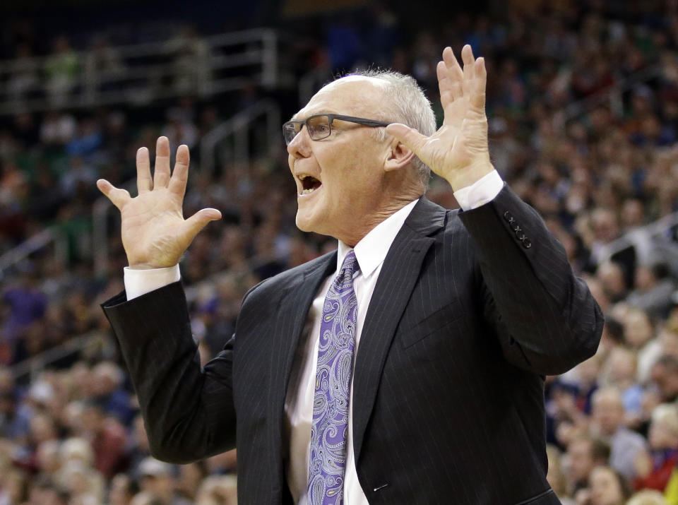 FILE - Sacramento Kings head coach George Karl shouts during the fourth quarter of an NBA basketball game against the Utah Jazz, Wednesday, April 8, 2015, in Salt Lake City. Karl will be enshrined at the Basketball Hall of Fame on Saturday. (AP Photo/Rick Bowmer, File)