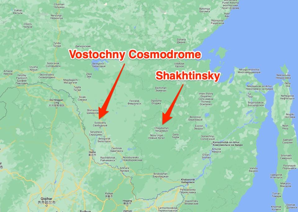 A map of Russia's Far East shows the cosmodrome and village