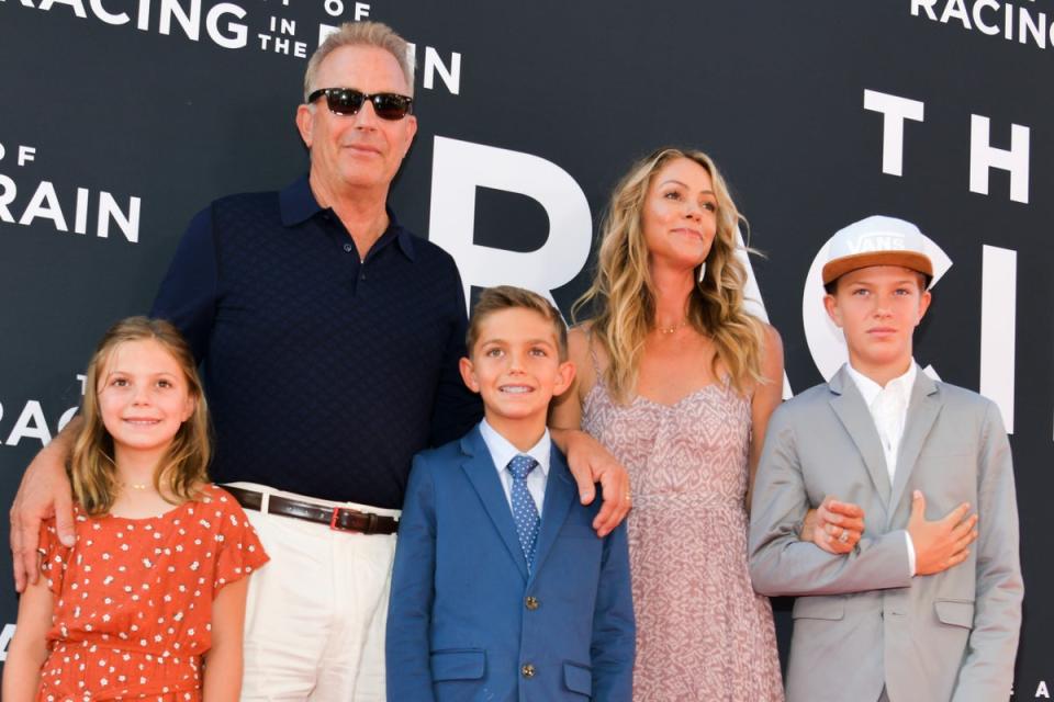 Kevin Costner, his ex-wife Christine Baumgartner and their children Grace Avery, Hayes Logan and Cayden Wyatt pictured in 2019 (Getty Images)