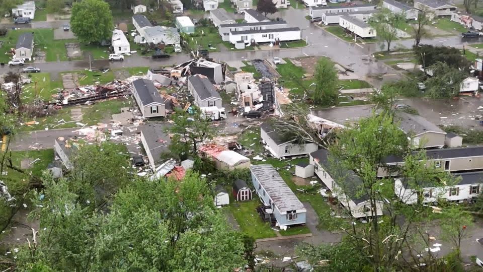 Homes are left damaged after a tornado at Pavilion Estate Mobile Home Park in Kalamazoo County, Michigan, on Tuesday. - Chicago & Midwest Storm Chasers