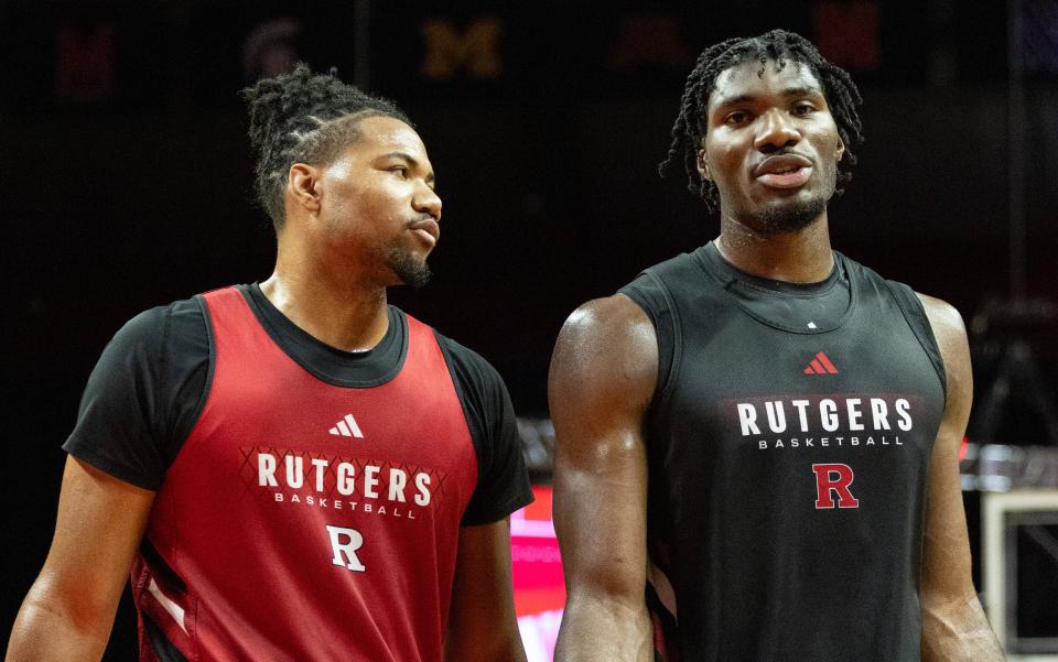 Rutgers Latham Sommerville and Emmanuel Ogbole talk during break in action. Rutgers Intrasquad Scrimmage at Rutgers Athletic Center in Piscataway, NJ on September 28. 2024.