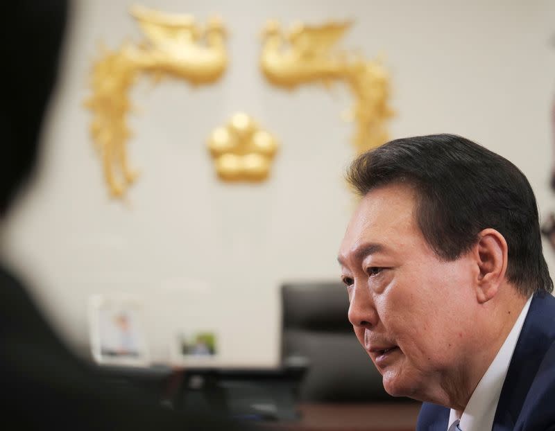 South Korean President Yoon Suk-yeol attends an interview with Reuters in Seoul