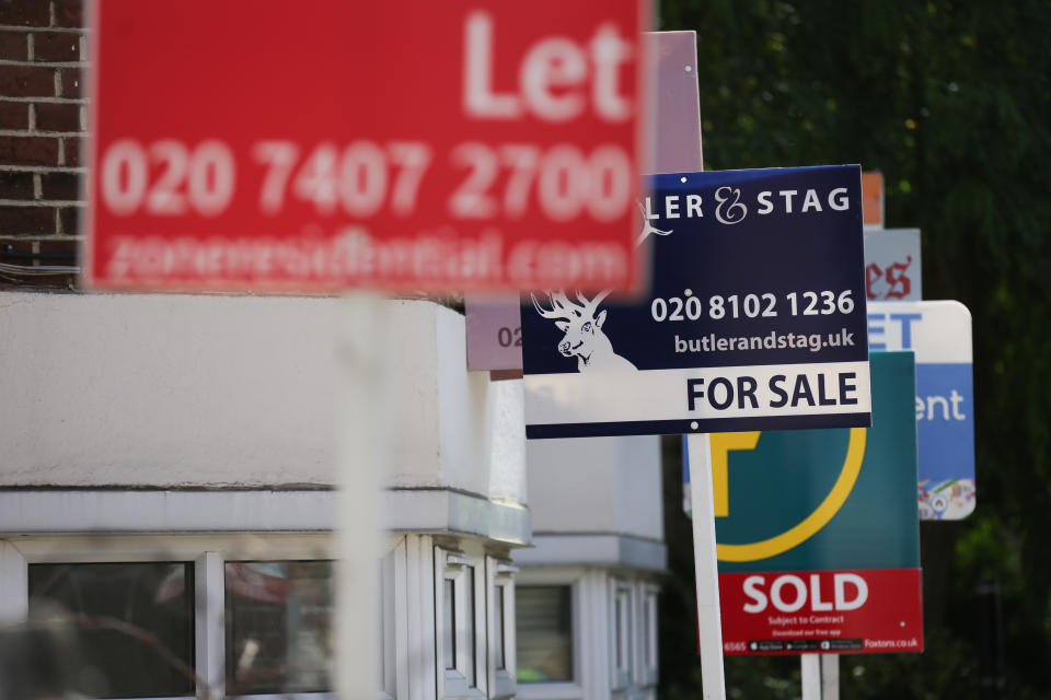 Estate agents placards are seen in front of houses in London on August 17, 2016 
From computers and cars to carpets and food, Britain's decision to leave the EU is beginning to hit consumers in the pocket, having already spread uncertainty through the property market. There are fears over the UK housing market, but deflation is more of a concern than price rises in this key sector. Figures released Monday showed that residential rents for new lets in London had fallen for the first time in six years. In addition, homeowners have seen the value of their property rise on average by just 2.1 percent in the year up tol August, a slowdown from the breakneck growth of recent years, according to property website Rightmove.
 / AFP PHOTO / Daniel LEAL-OLIVAS        (Photo credit should read DANIEL LEAL-OLIVAS/AFP via Getty Images)