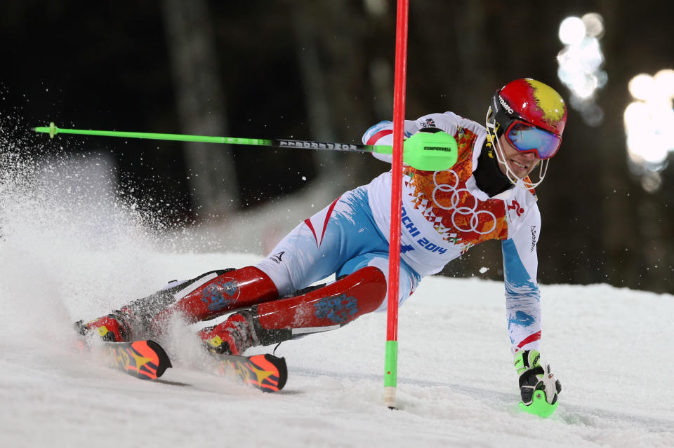 Austria's Marcel Hirscher skis in the second run of the men's slalom to win the silver medal at the Sochi 2014 Winter Olympics, Saturday, Feb. 22, 2014, in Krasnaya Polyana, Russia. (AP Photo/Luca Bruno)