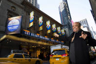 This March 5, 2013 photo shows Berry Gordy posing for a portrait in front of the Lunt-Fontanne Theatre in New York. For Berry Gordy, conquering Broadway is the next - and by his own admission, last - major milestone of a magical, musical career. The 83-year-old Motown Records founder is taking his story and that of his legendary label to the Great White Way. "Motown: The Musical," opens for previews Monday. (Photo by Charles Sykes/Invision/AP)