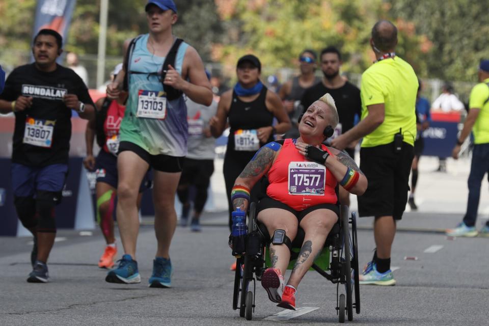 Jani Barr of Canada finishes the Los Angeles Marathon