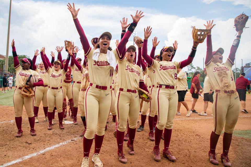 The Florida State Seminoles celebrate their 1-0 victory over the South Carolina Gamecocks in the Tallahassee Regional Championship game Sunday, May 21, 2023. 