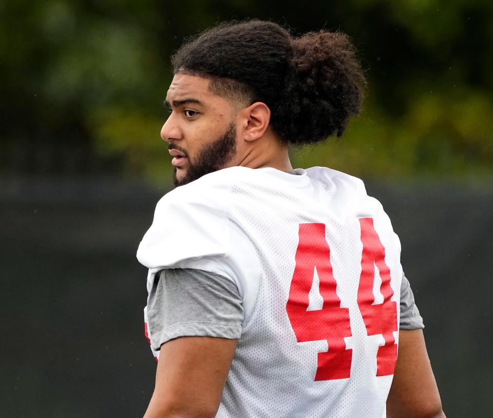 Aug 5, 2022; Columbus, OH, USA; Ohio State Buckeyes defensive end J.T. Tuimoloau (44) during practice at Woody Hayes Athletic Center in Columbus, Ohio on August 5, 2022.