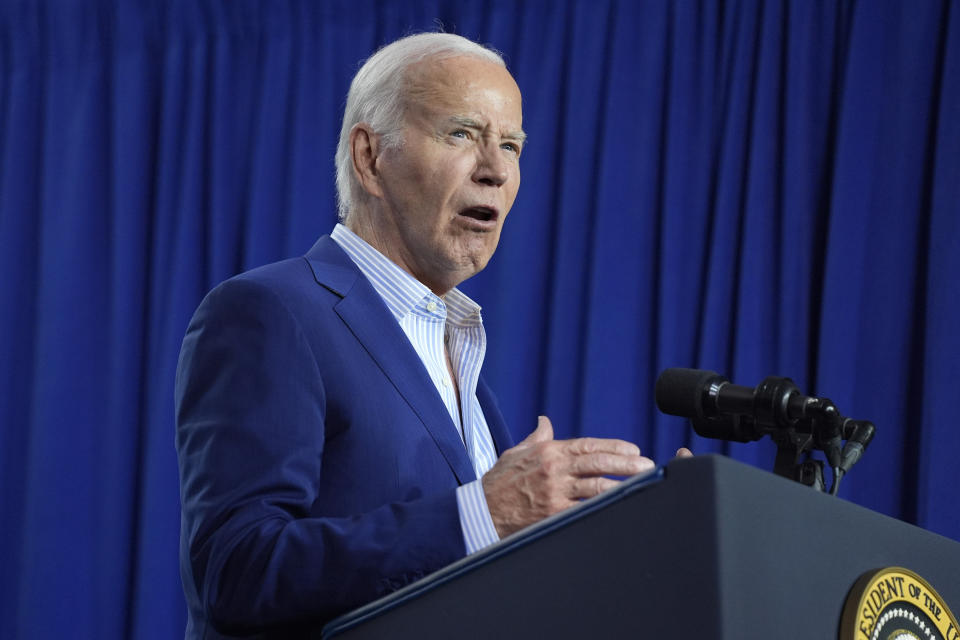 President Joe Biden speaks at the grand opening ceremony for the Stonewall National Monument Visitor Center, Friday, June 28, 2024, in New York. (AP Photo/Evan Vucci)