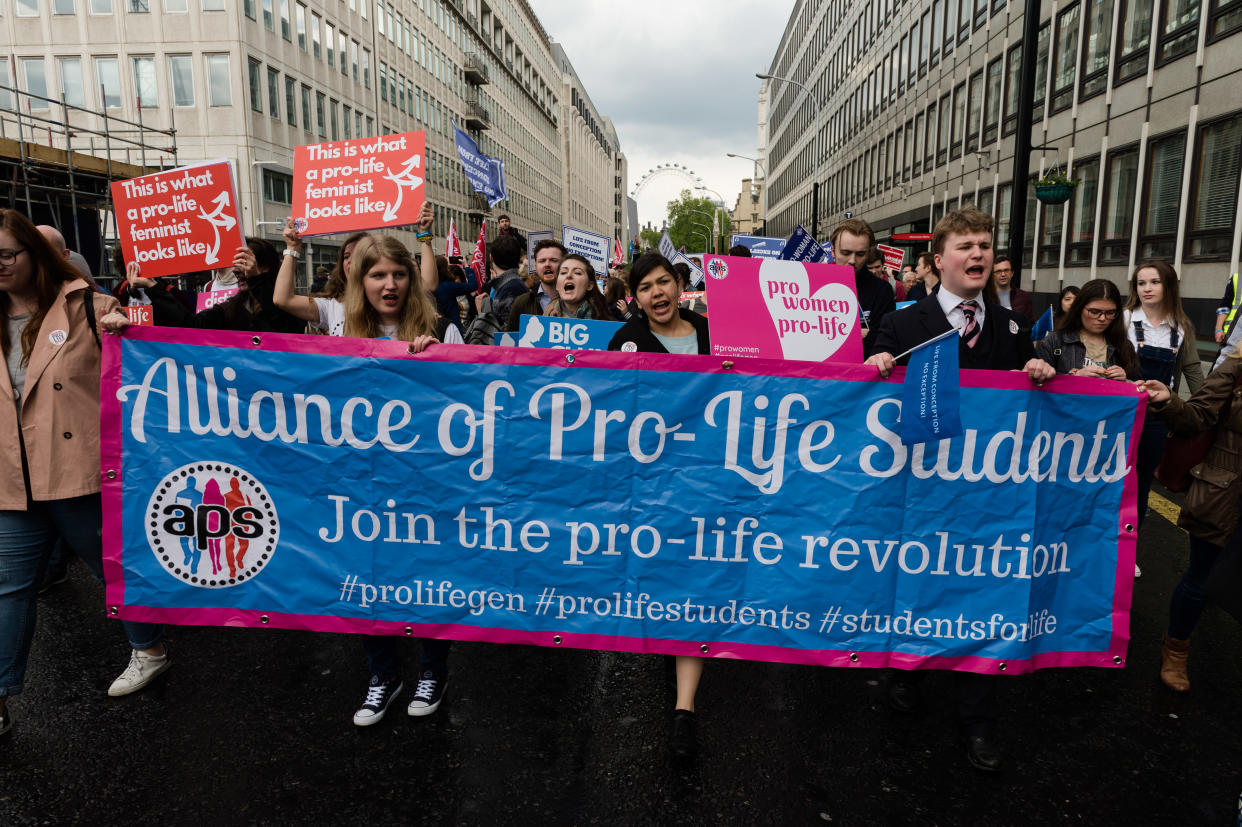 Thousands of anti-abortion supporters take part in the 'March For Life' through Westminster followed by a rally in Parliament Square on 11 May, 2019 in London, England. (Photo by WIktor Szymanowicz/NurPhoto via Getty Images)